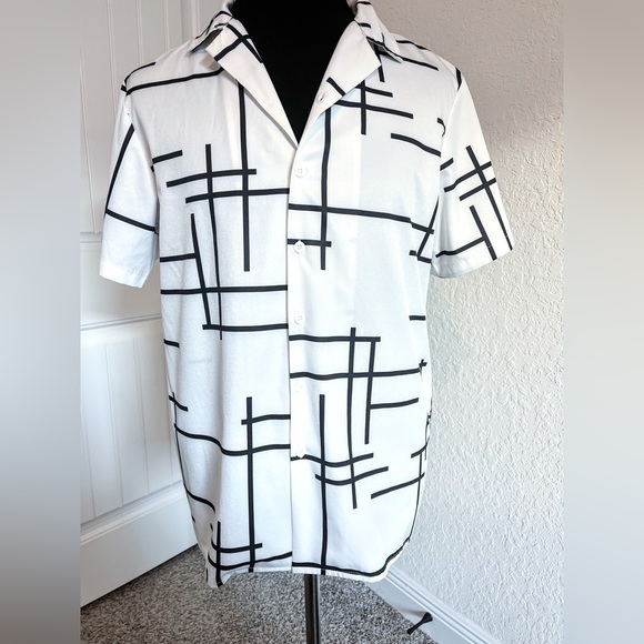 Mens S Hawalili Black and White Geometric Pattern Button Down - Picture 1 of 14